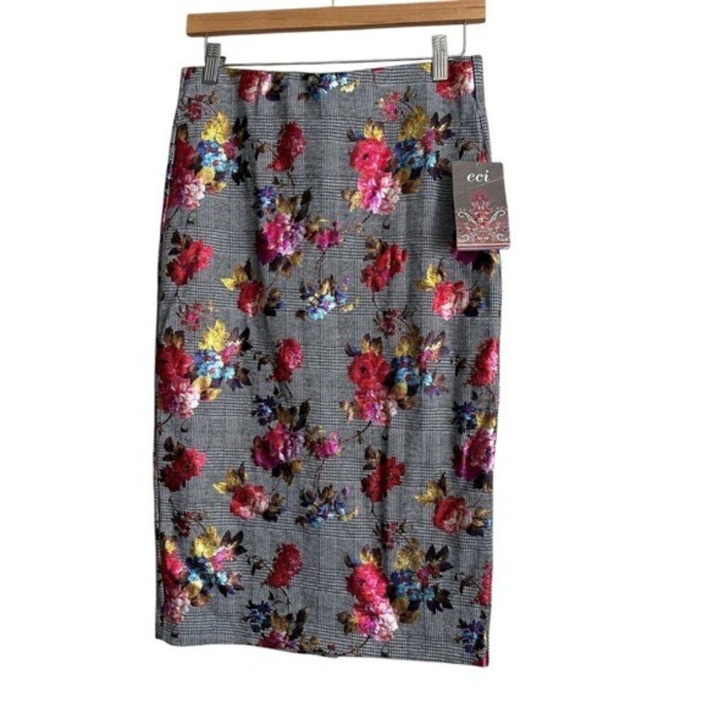 ECI Women's Floral Pencil Skirt - Gray and Red Steampunk